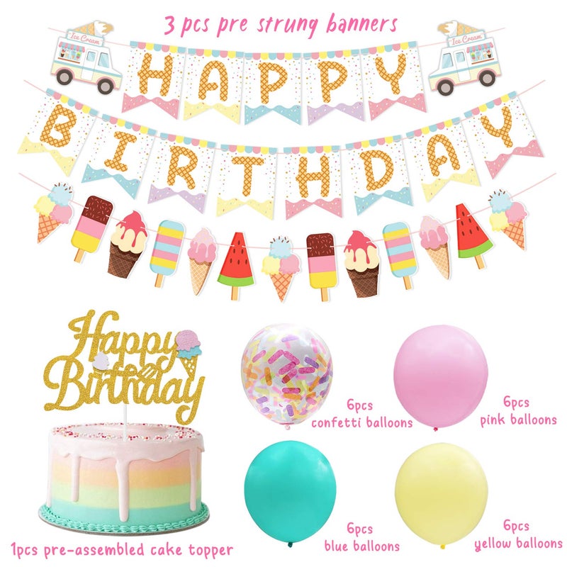 Marwey Ice Cream Birthday Banner and Cake Topper Summer Colorful Ice Cream Themed Kids Birthday Party Supplies - Image 3